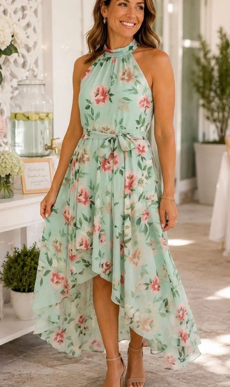 ElizaโJ Printed Chiffon High-Low Dress Mint Floral Halter Tie Waist Sz 8 Chiffon